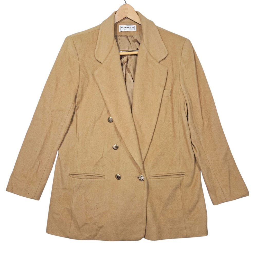 VTG Dumas Cashmere Blend Double Breasted Blazer Camel Tan Sz L Longline USA